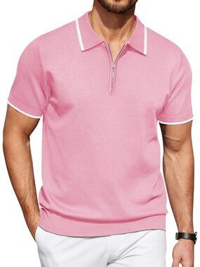 Men's   Bright Pink Zipper Polo Shirt Casual Knit Short Sleeve Classic Fit Tee S